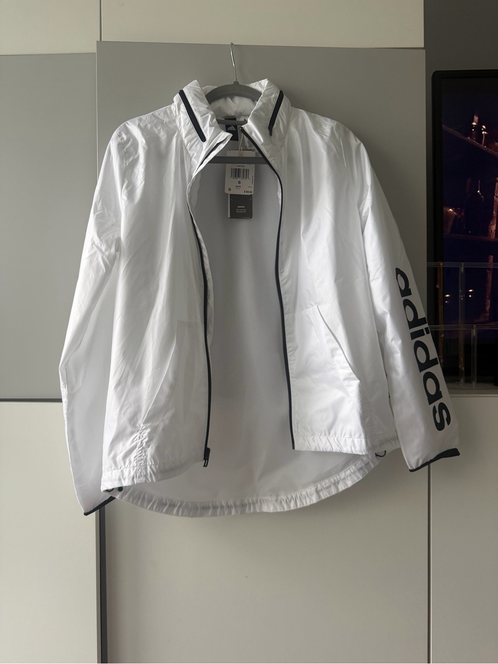adidas White Bomber Jacket with Black Trim and Sleeve Logo
